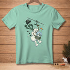 Snowman ziplining with snow globe labeled "Must Be Nice"