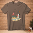 Brown t-shirt featuring a melting snowman playing badminton with a flamingo.