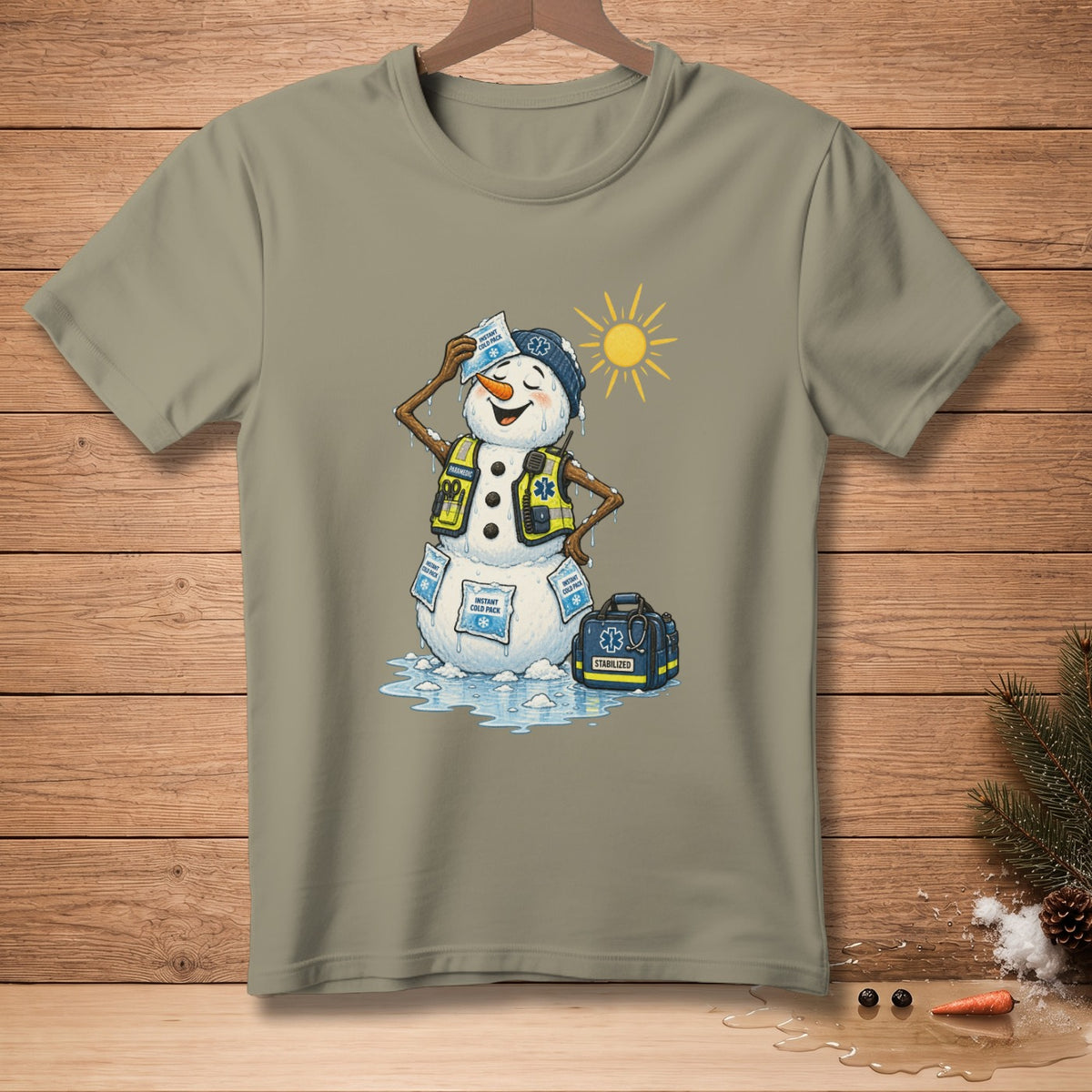 Melting snowman paramedic with cold packs and medical bag under a sun.