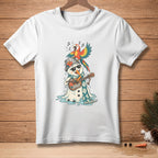 Melting snowman wearing sunglasses and playing ukulele, with parrot singing.