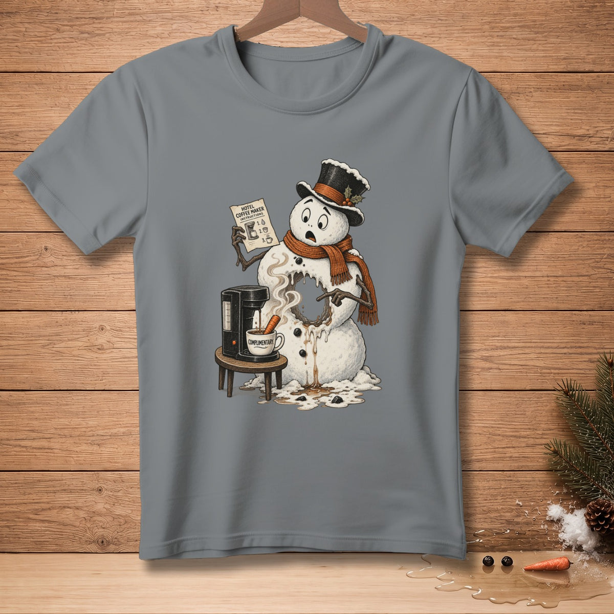 Melting snowman with coffee maker and "Hotel Coffee Maker Instructions" sign.
