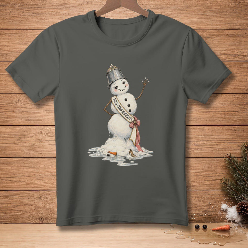 Melting snowman with "Miss Congeniality" sash, crown, and heels.