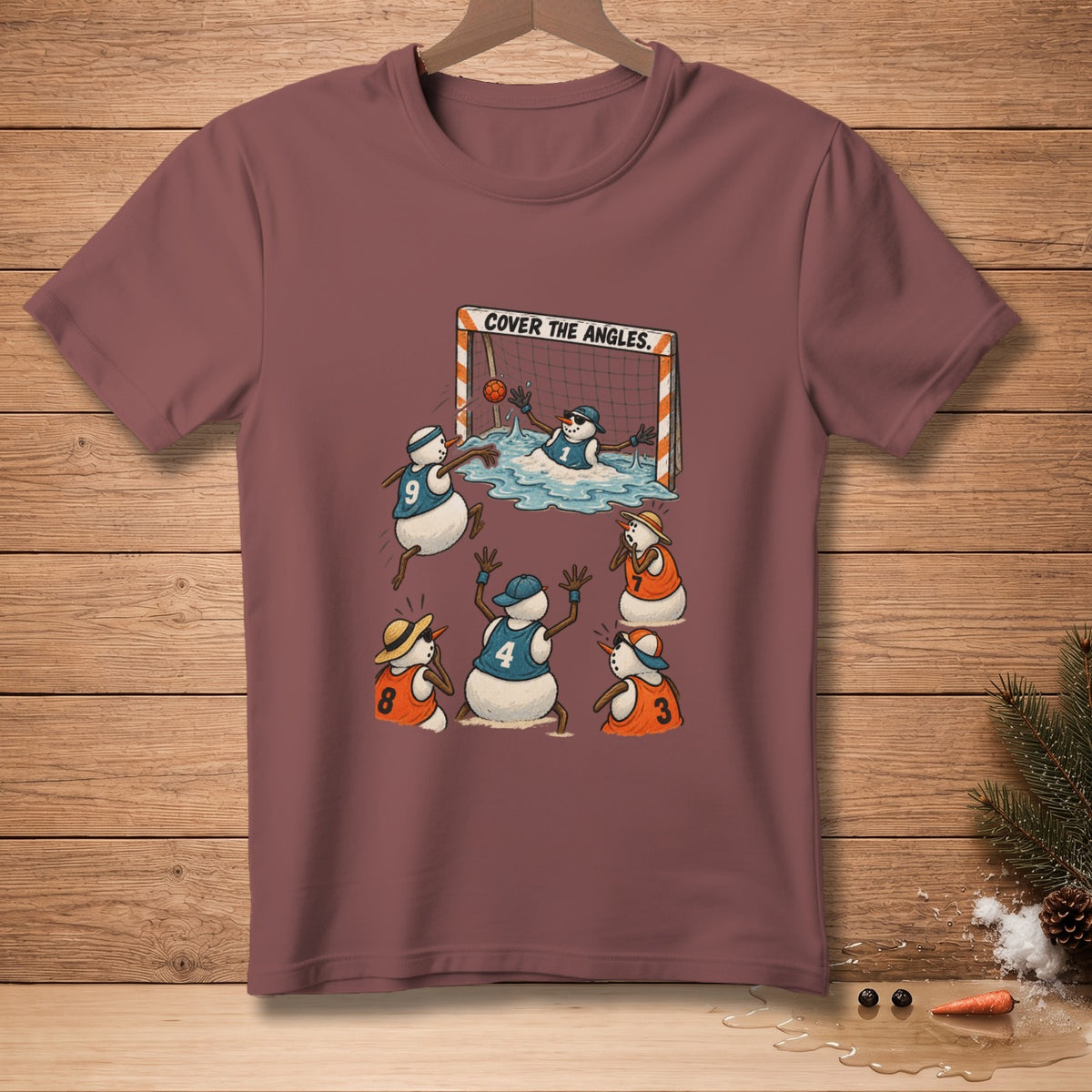 Snowmen playing water polo with text "COVER THE ANGLES" above the net.