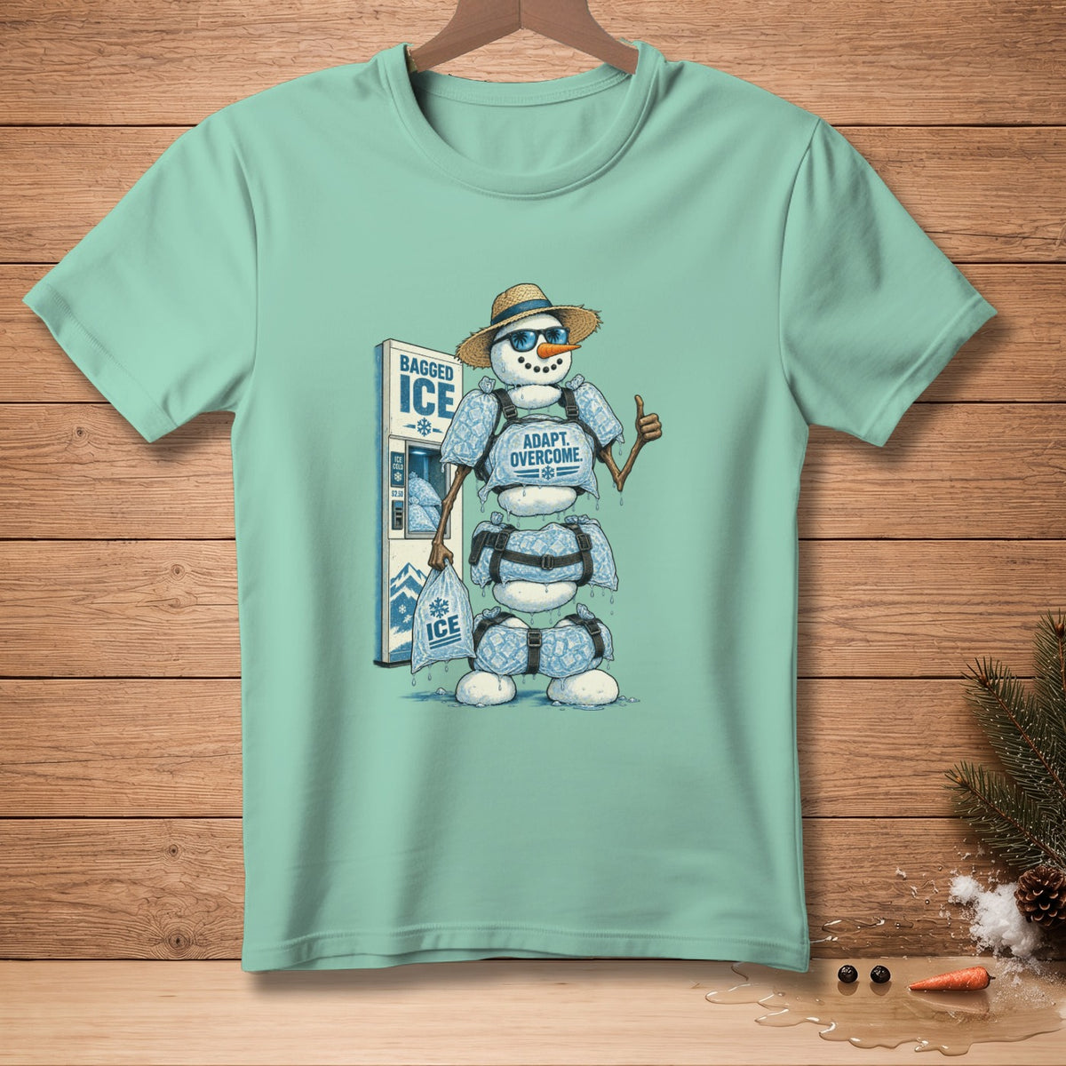 Snowman with sunglasses and hat holding bagged ice next to an ice machine.