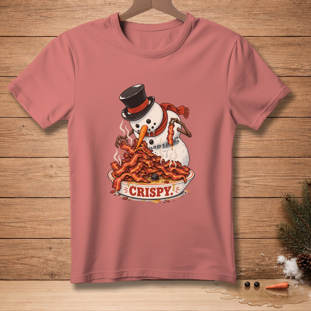 Snowman wearing a top hat eating a bowl of crispy bacon.