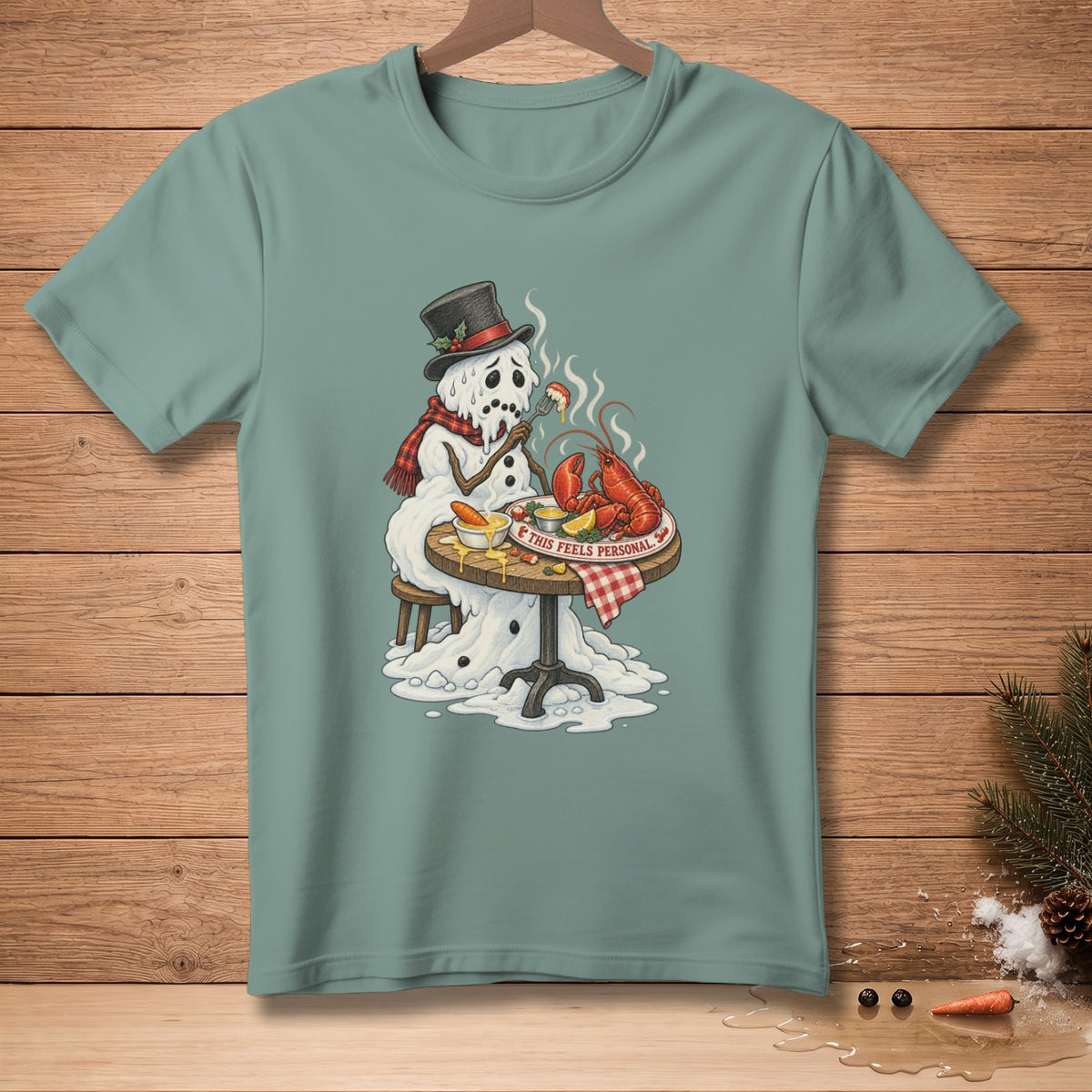 Melting snowman wearing a hat and scarf eats lobster, with text "This Feels Personal."