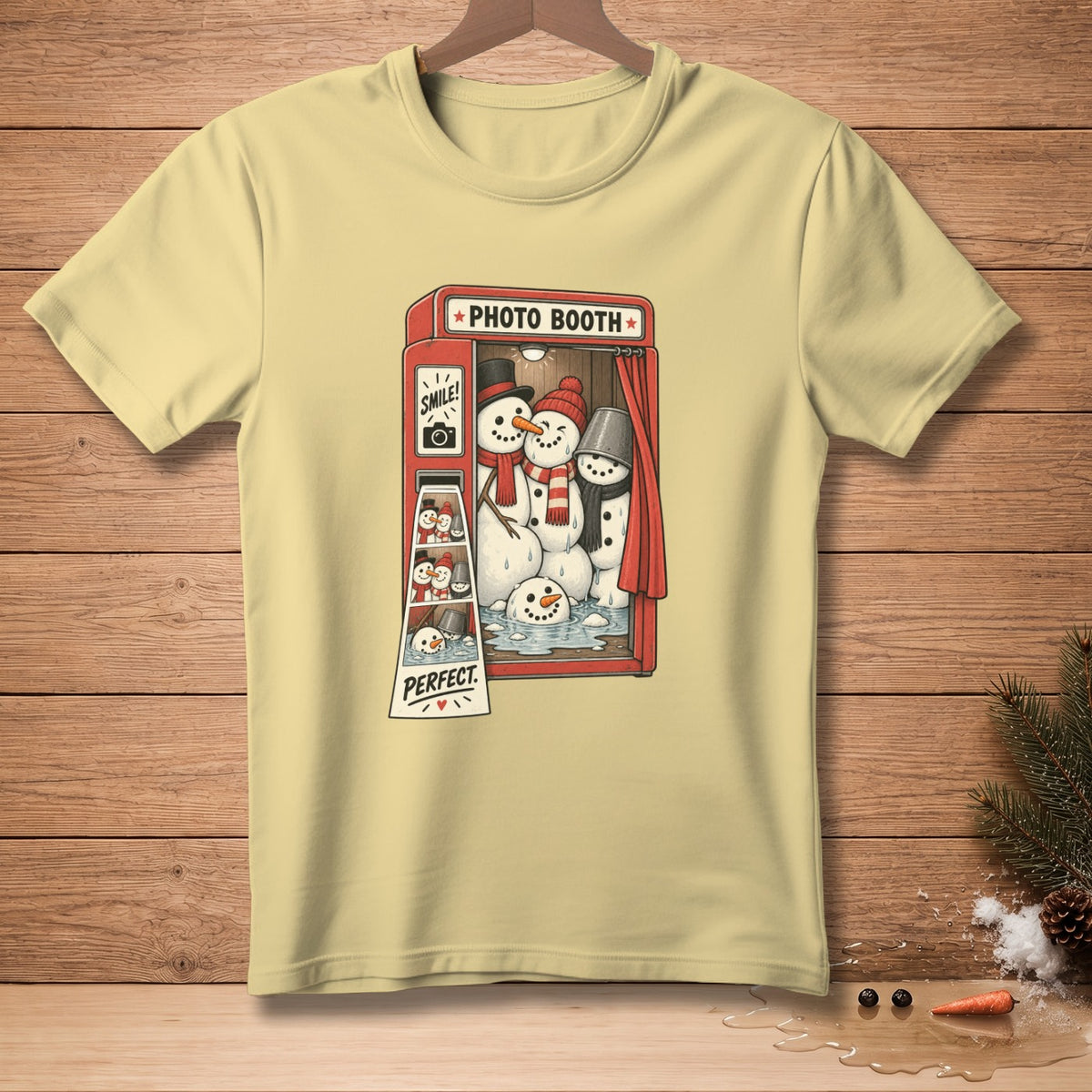 Light yellow t-shirt with snowmen in a photo booth illustration and "Perfect." text.