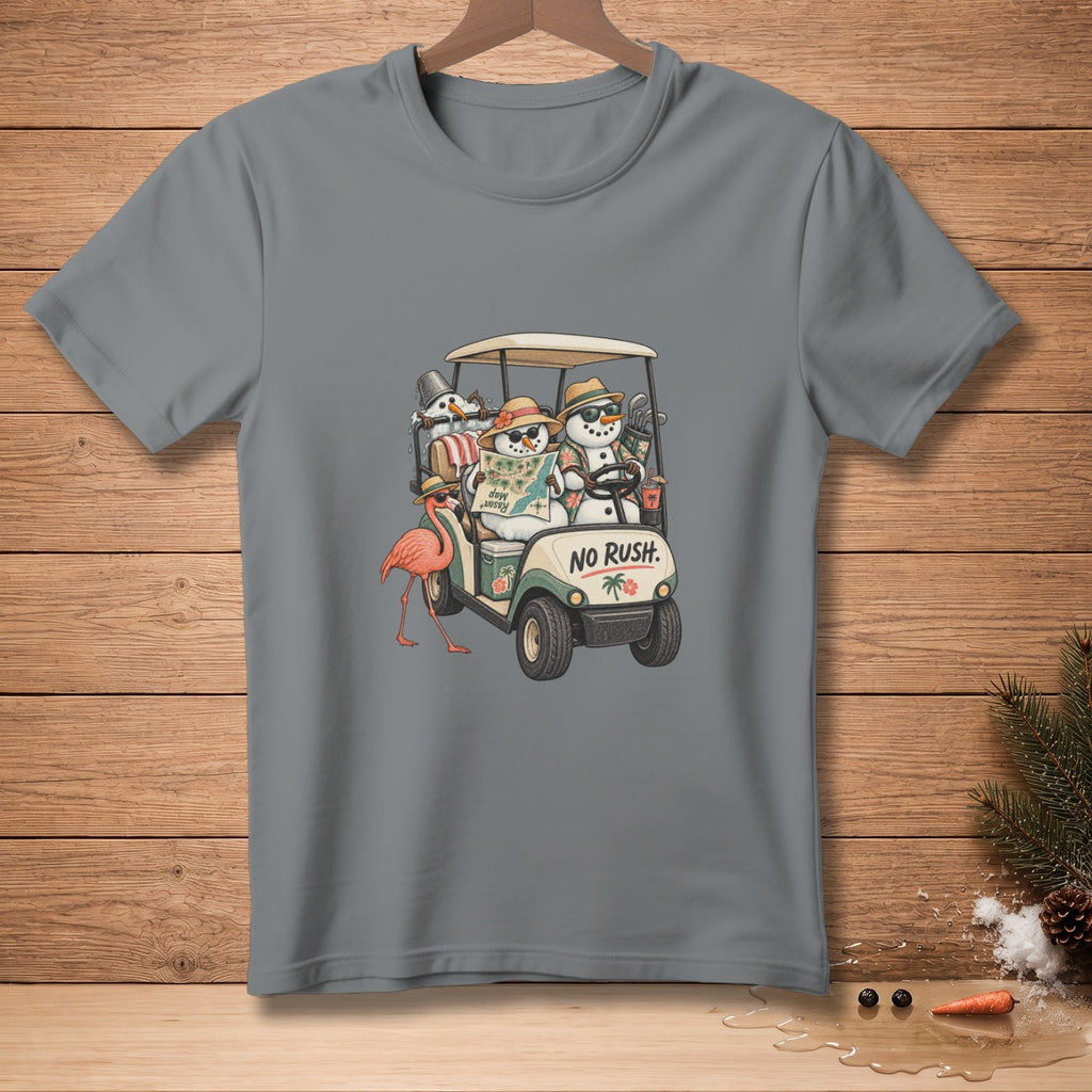 Snowmen in a golf cart with a flamingo and text "NO RUSH" on a t-shirt.