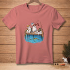 Two snowmen fishing on a dock with fish in the water.