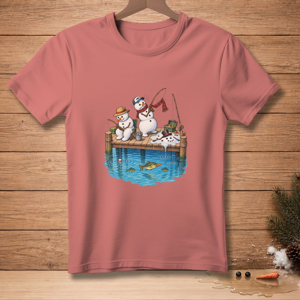 Two snowmen fishing on a dock with fish in the water.