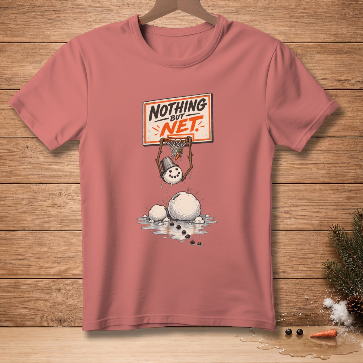 T-shirt with a melting snowman dribbling a basketball, "Nothing But Net" text.