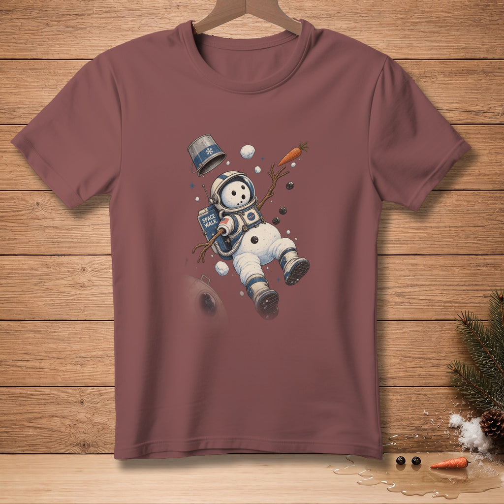 Snowman astronaut with "Space Walk" text floating in space, on maroon t-shirt.