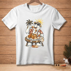 Snowman wearing a Hawaiian shirt and sunglasses eating waffles and fried chicken.