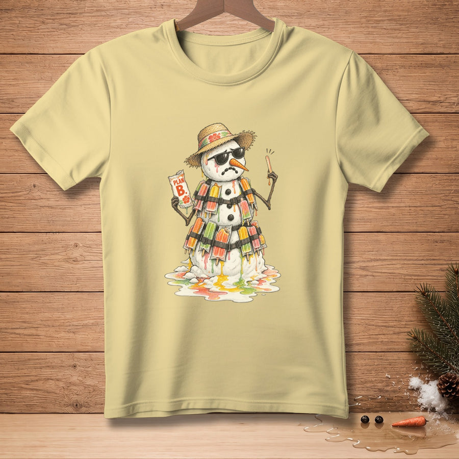 Melting snowman with sunglasses and hat holding popsicle and "PLAN B" card.