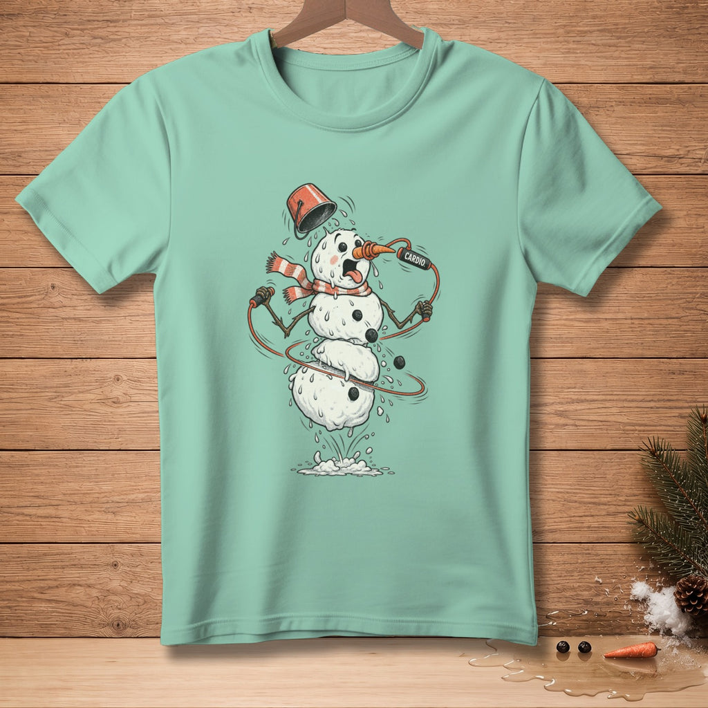 Melting snowman with bucket on head doing cardio exercise, light green t-shirt.