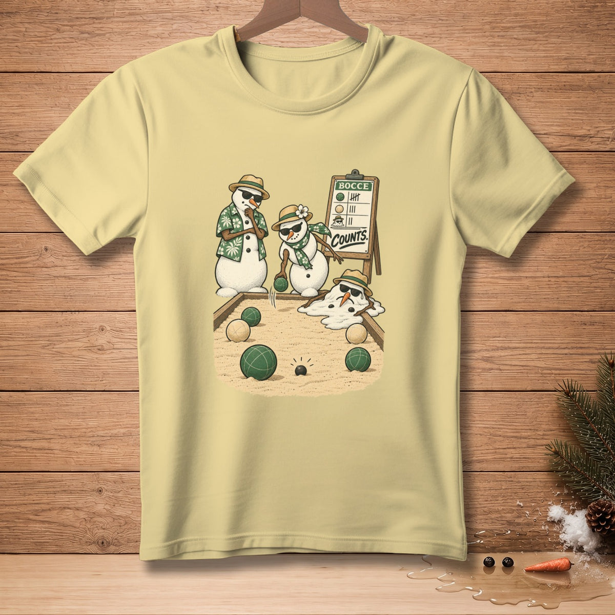 Snowmen playing bocce ball with a scoreboard reading "Bocce Counts".