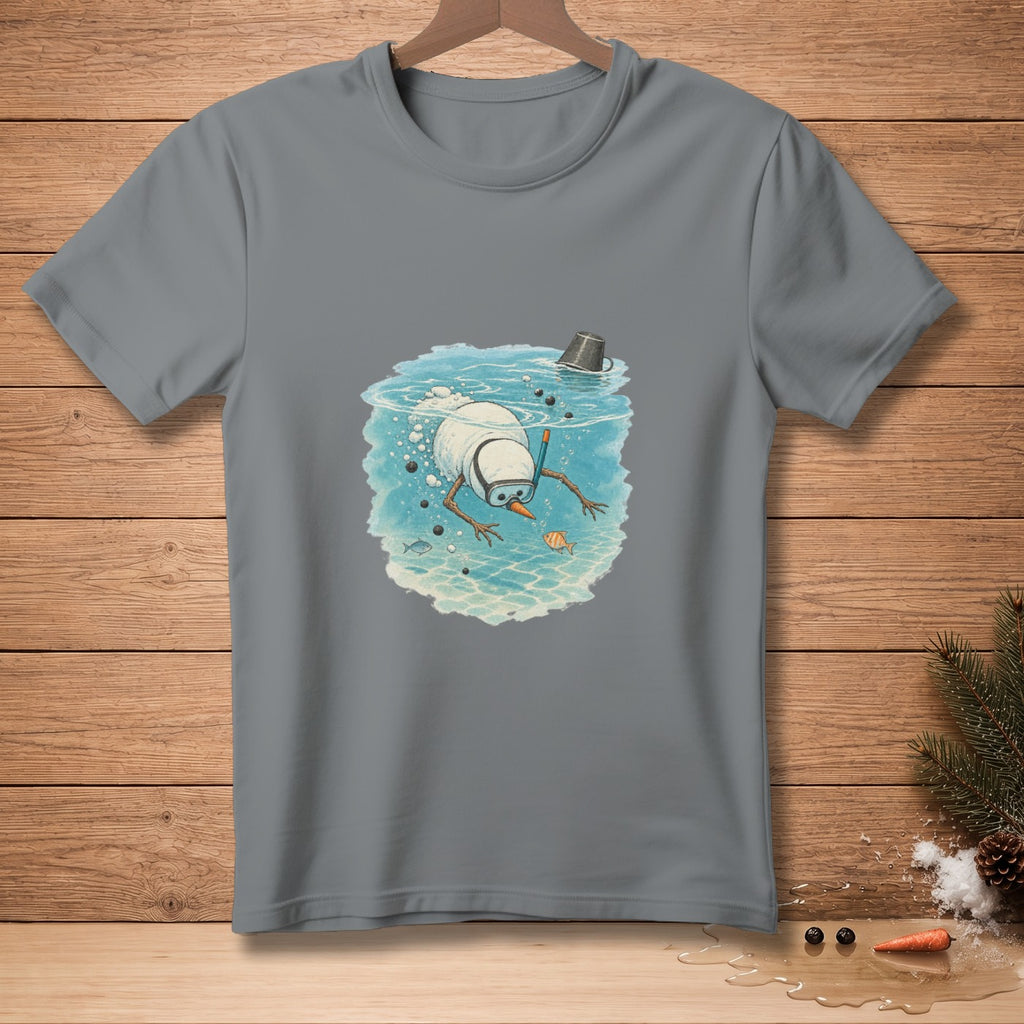 Snowman with snorkel and goggles underwater with fish and bucket on t-shirt.