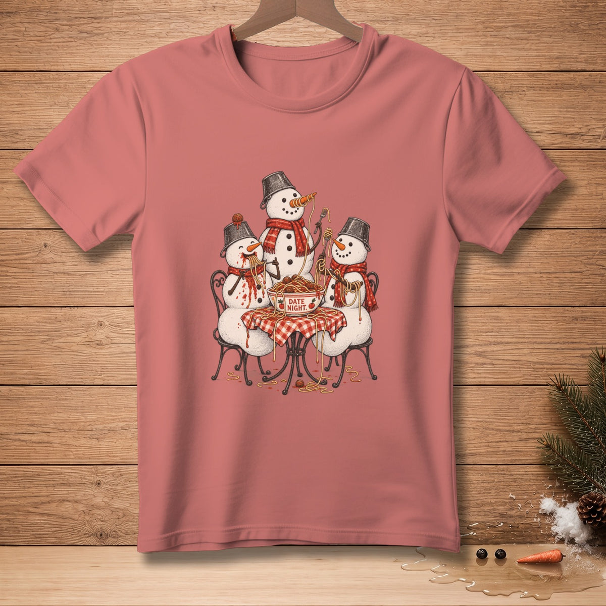 Three snowmen eating spaghetti at a table with "DATE NIGHT." text.