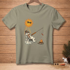 Melting snowman with sunglasses roasting a hot dog over a campfire under a smiling sun.