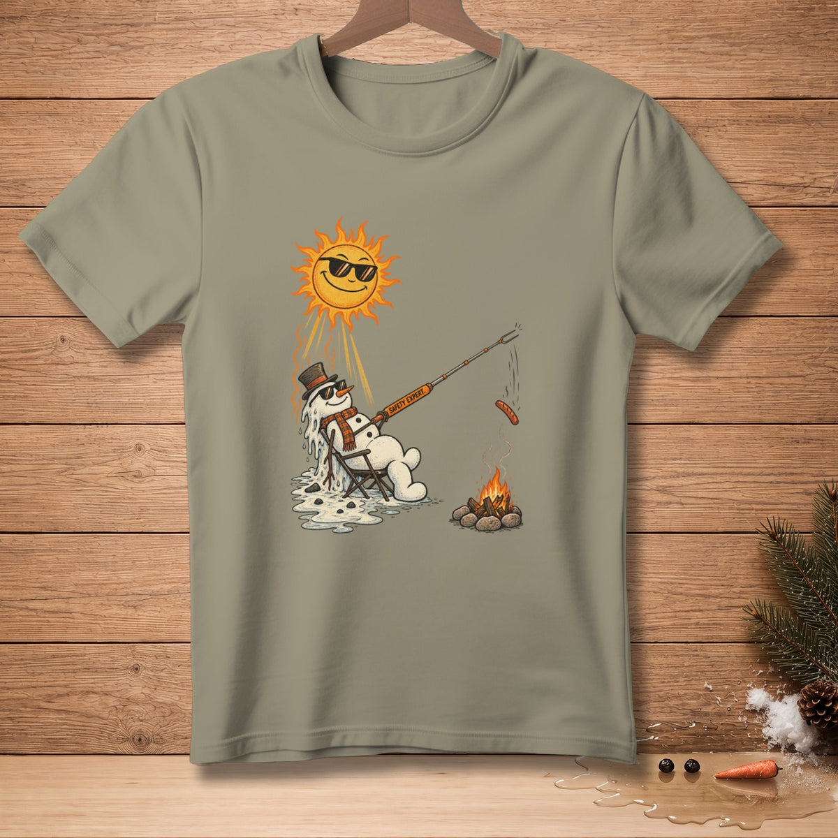 Melting snowman with sunglasses roasting a hot dog over a campfire under a smiling sun.