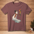 Melting snowman in hat and scarf holding a cocktail with "BAD IDEA" text.