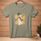 T-shirt with a cartoon snowman angel wearing a top hat and scarf.