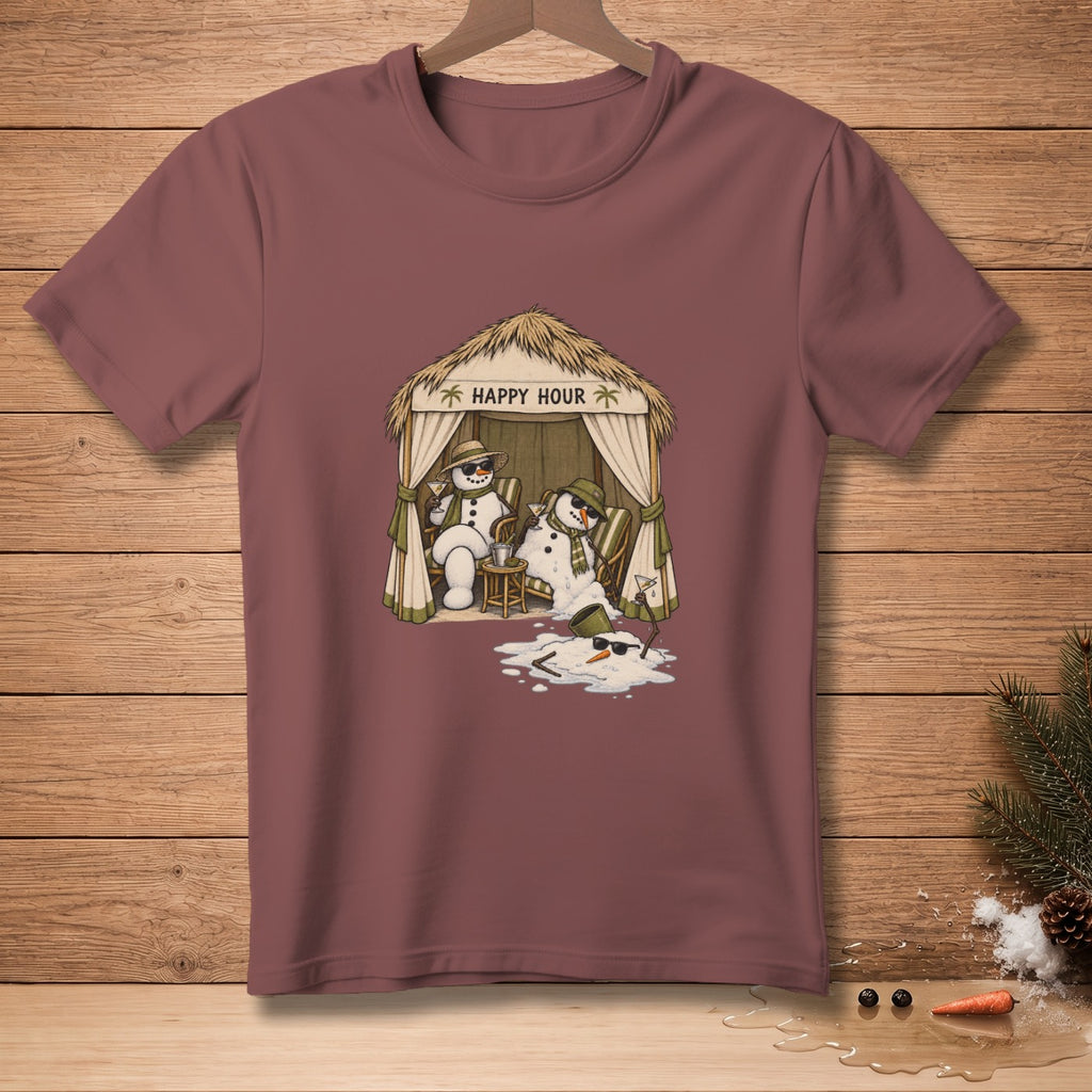 T-shirt graphic of melting snowmen relaxing under a thatched hut with "Happy Hour" text.