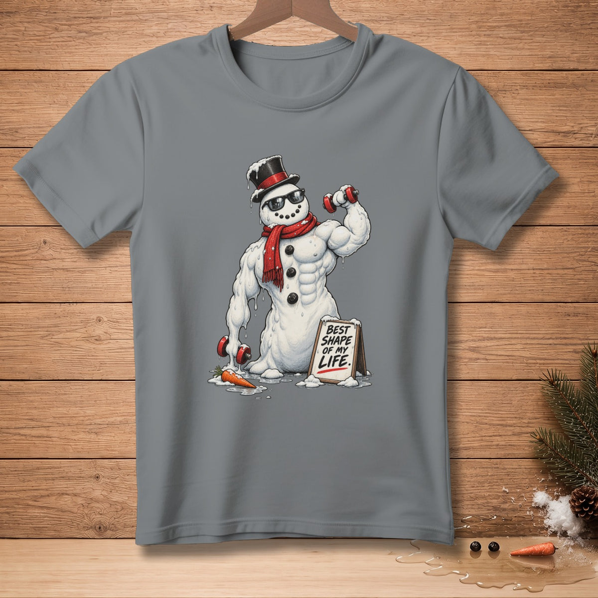 Snowman with muscles and dumbbells, "Best Shape of My Life" sign.