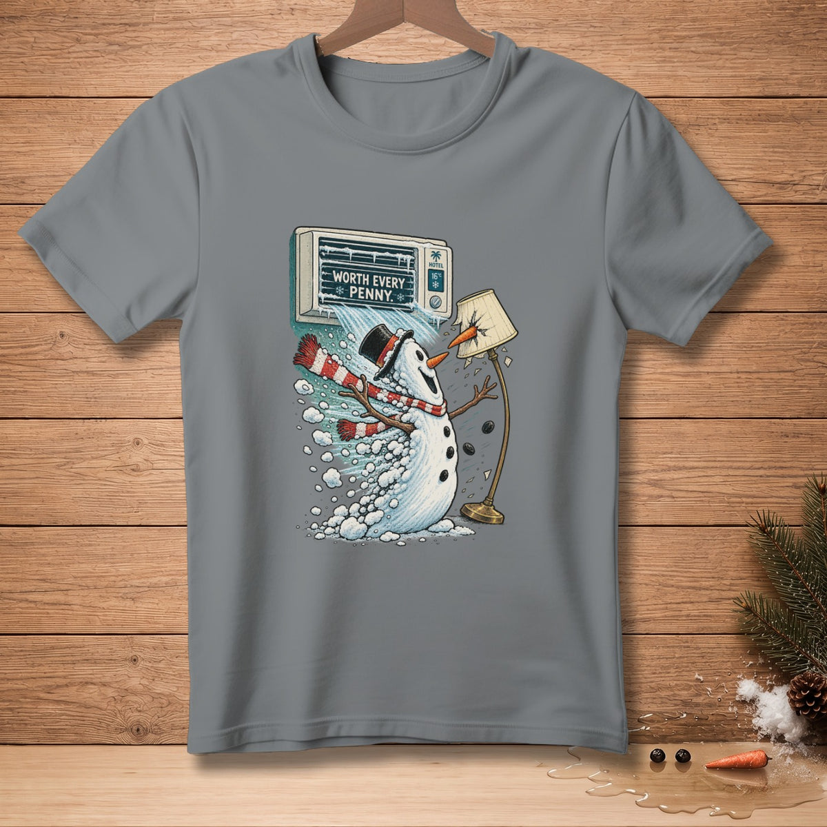 Snowman with scarf and hat next to air conditioner reading "Worth Every Penny."