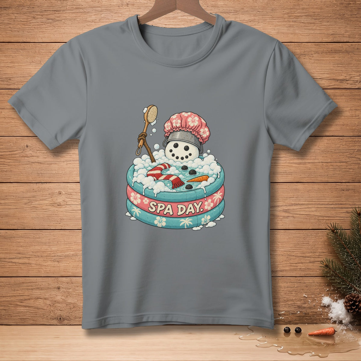 Snowman in a spa bath with a brush and "Spa Day" text.