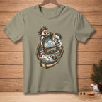 T-shirt with snowmen pirates in a boat filled with ice and the word JACKPOT.