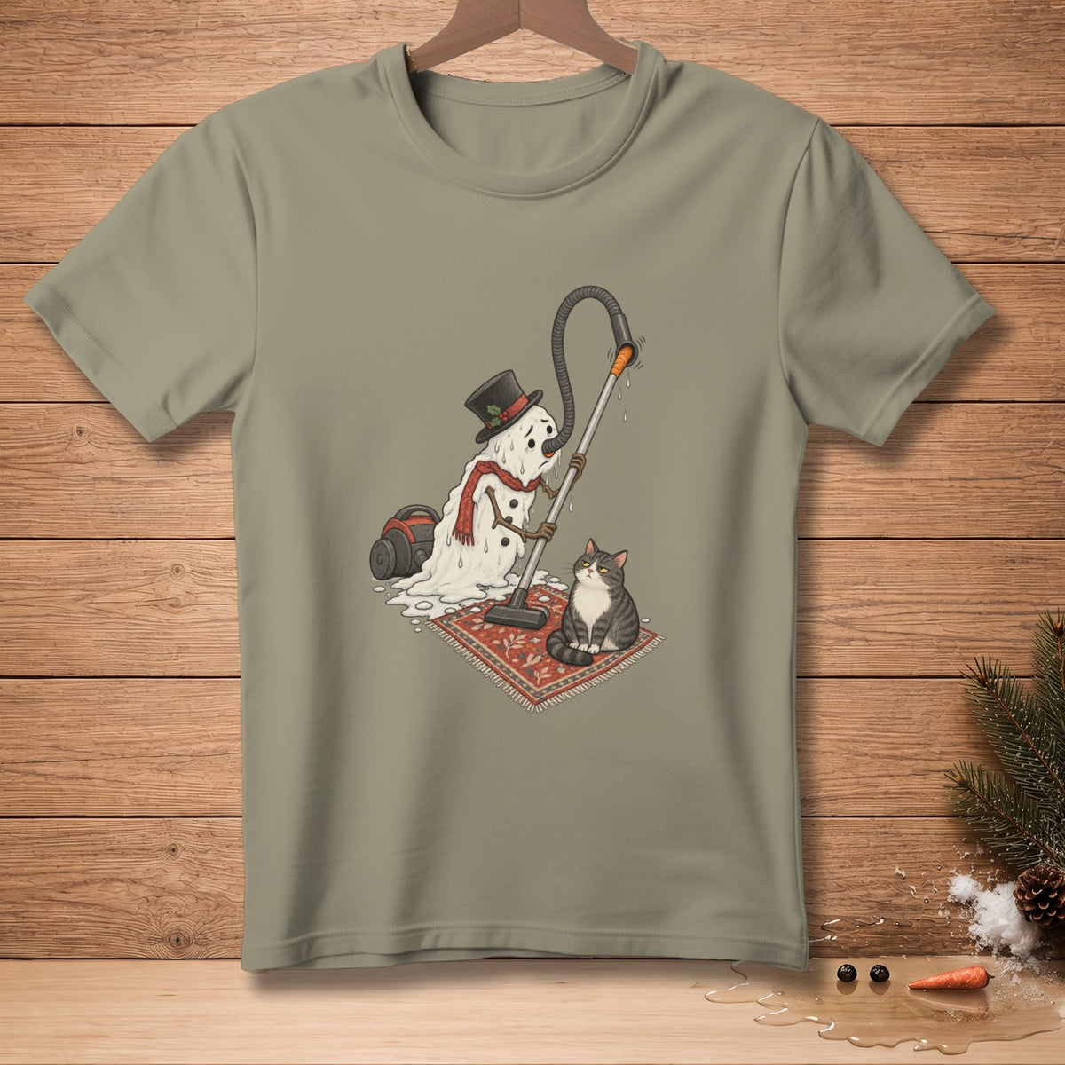 Melting snowman with a vacuum cleaner and a cat on a rug.