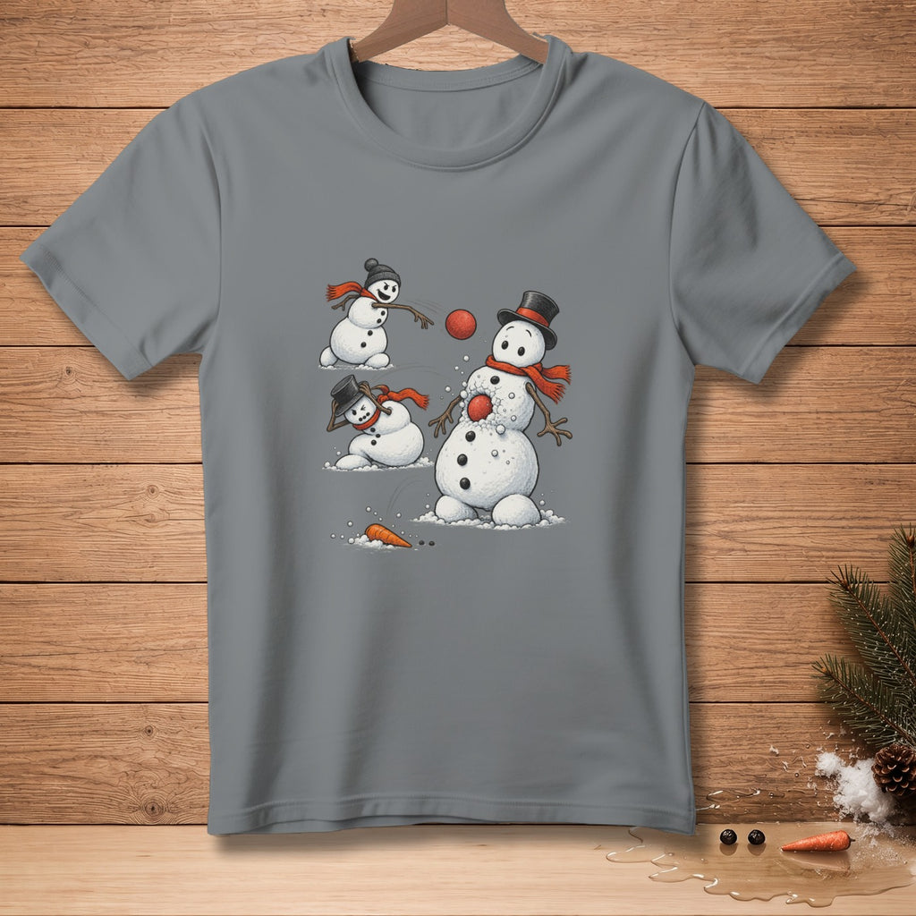 Snowmen with red scarves and hats playing with red balls and carrots.