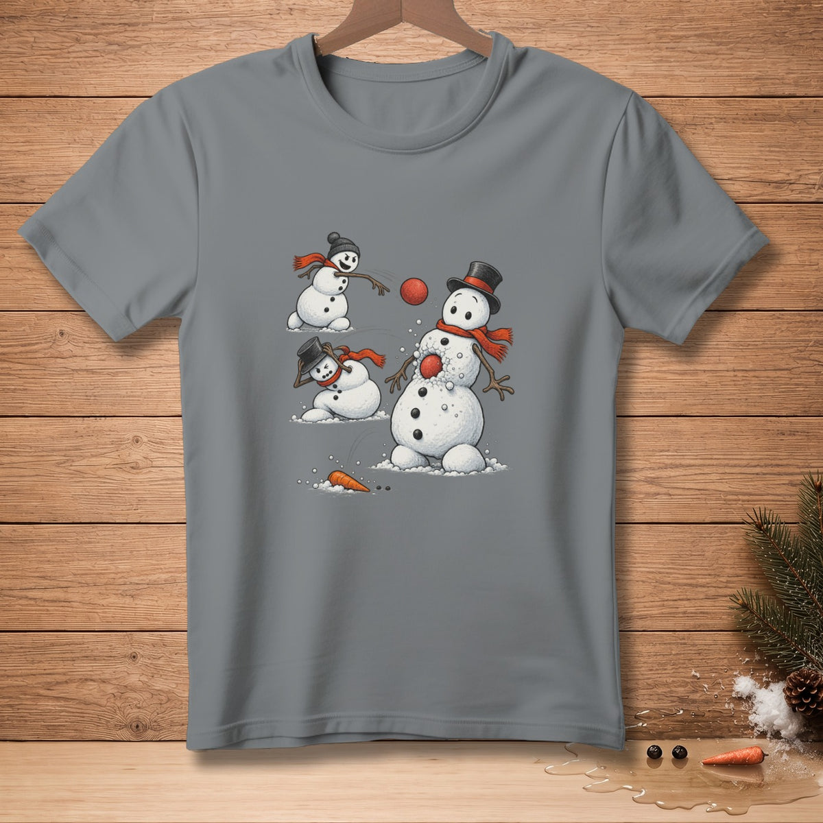 Snowmen with red scarves and hats playing with red balls and carrots.