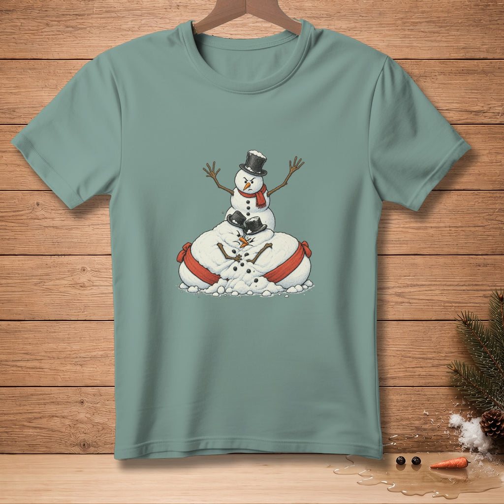 Three snowmen stacked with hats, scarves, and a red sash.