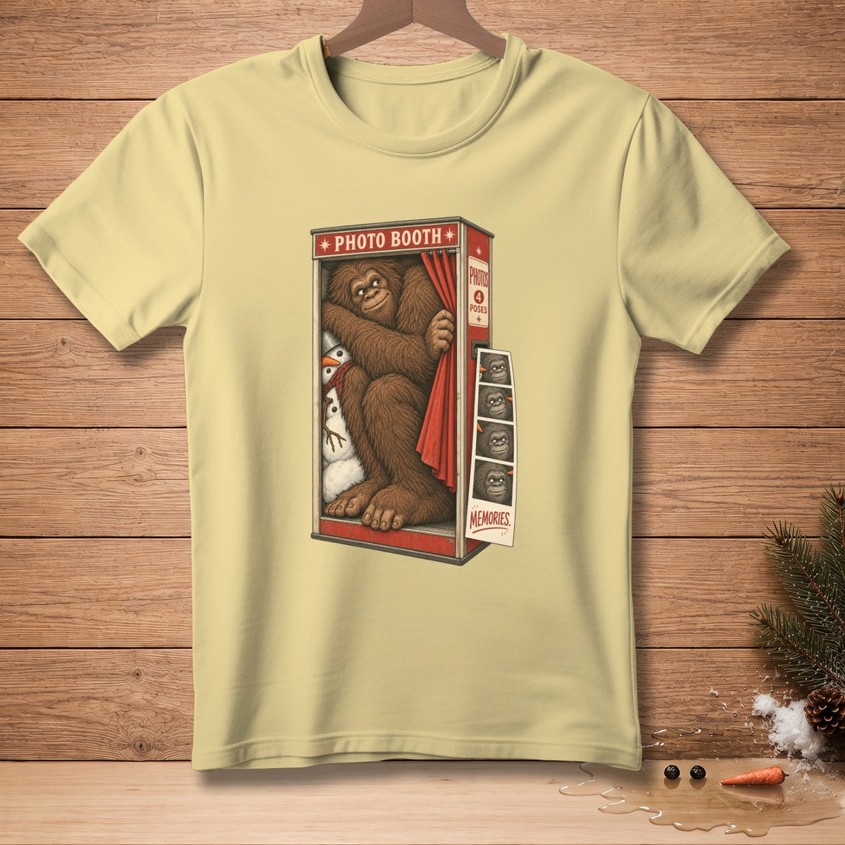 Bigfoot and snowmen in a photobooth with printed photos and text "MEMORIES".
