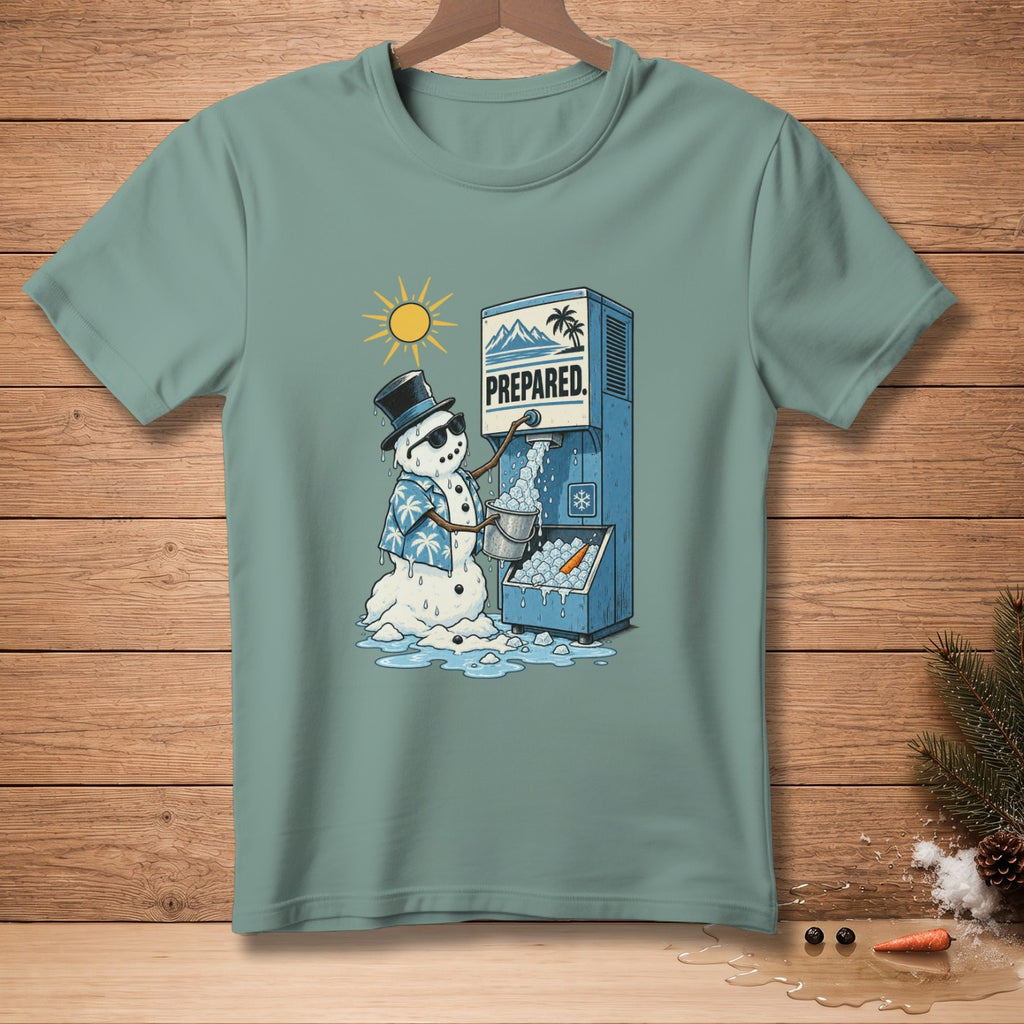 Snowman in Hawaiian shirt and hat using an ice dispenser, "PREPARED." text.
