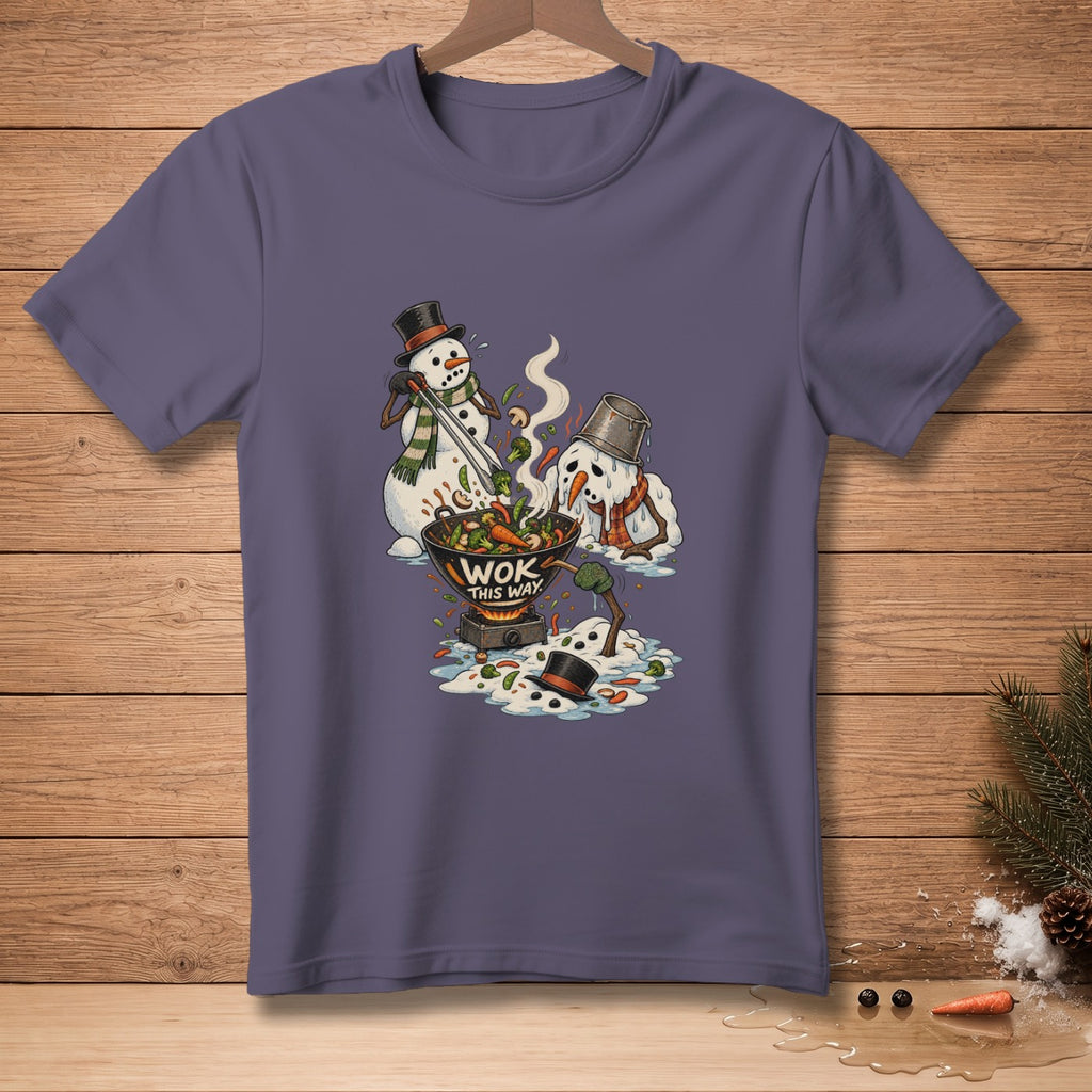 Two snowmen cooking vegetables in a wok with text "WOK THIS WAY".