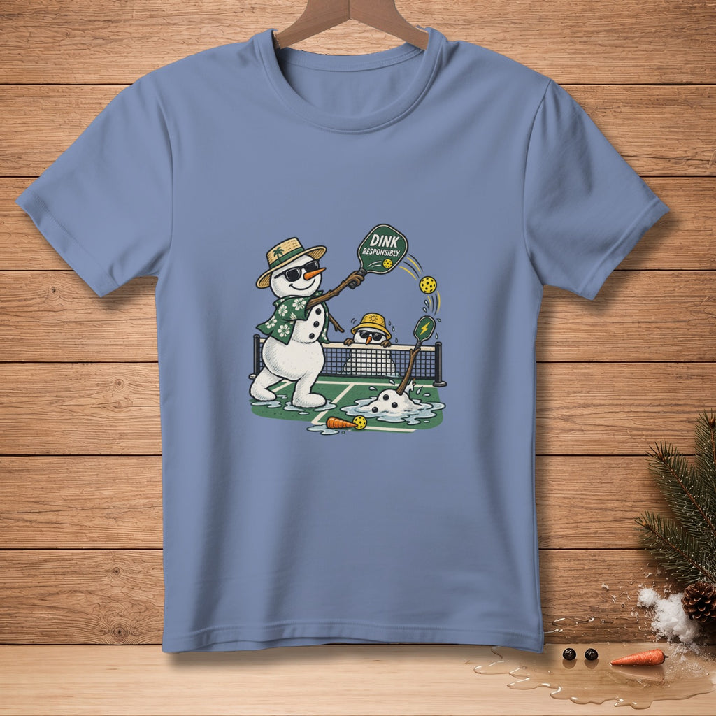 Two snowmen playing pickleball on a court with text "Dink Responsibly".