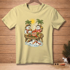 Illustration of snowmen eating tacos under palm trees with "Mild is Boring" salsa.