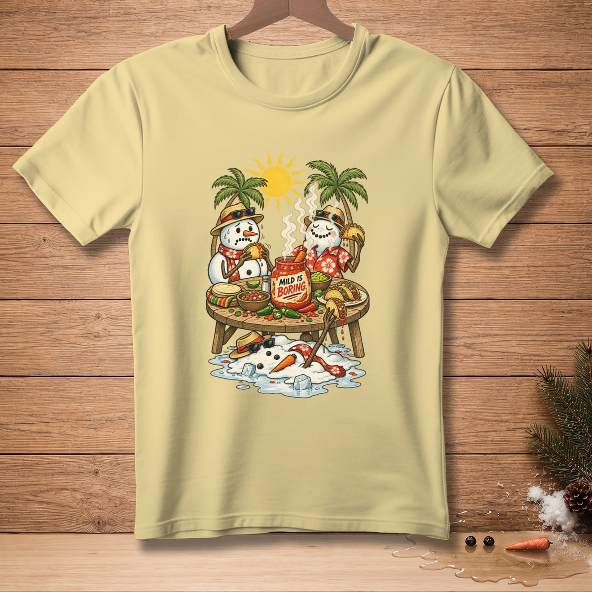 Illustration of snowmen eating tacos under palm trees with "Mild is Boring" salsa.