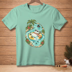 T-shirt graphic: snowman in a yellow inner tube floating down a river.