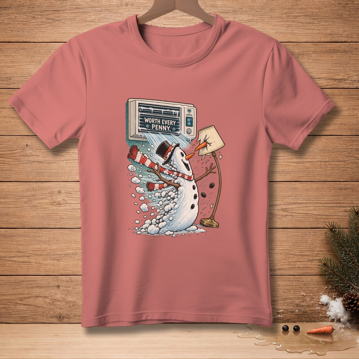 Snowman with scarf and hat in front of air conditioner saying "Worth Every Penny".