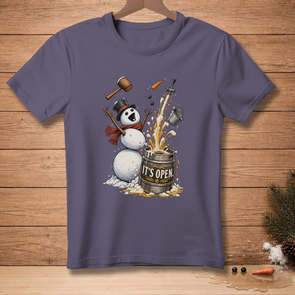 Snowman with a top hat and scarf opening a beer keg, text "IT'S OPEN."