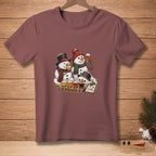 Snowmen in hats and scarves conduct beer research on a wooden board.