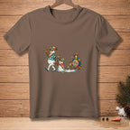 Snowmen in Hawaiian shirts and sunglasses marching, a melting snowman and a parrot.