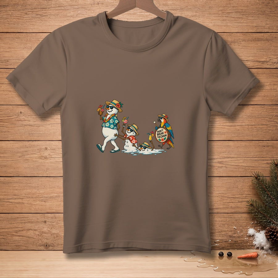 Snowmen in Hawaiian shirts and sunglasses marching, a melting snowman and a parrot.