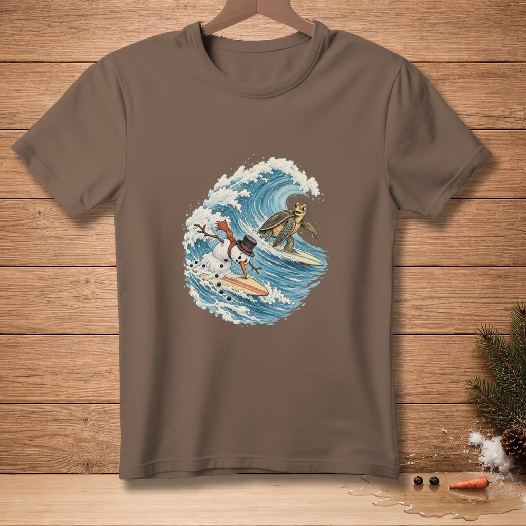Snowman and turtle surfing on waves with a brown t-shirt graphic.