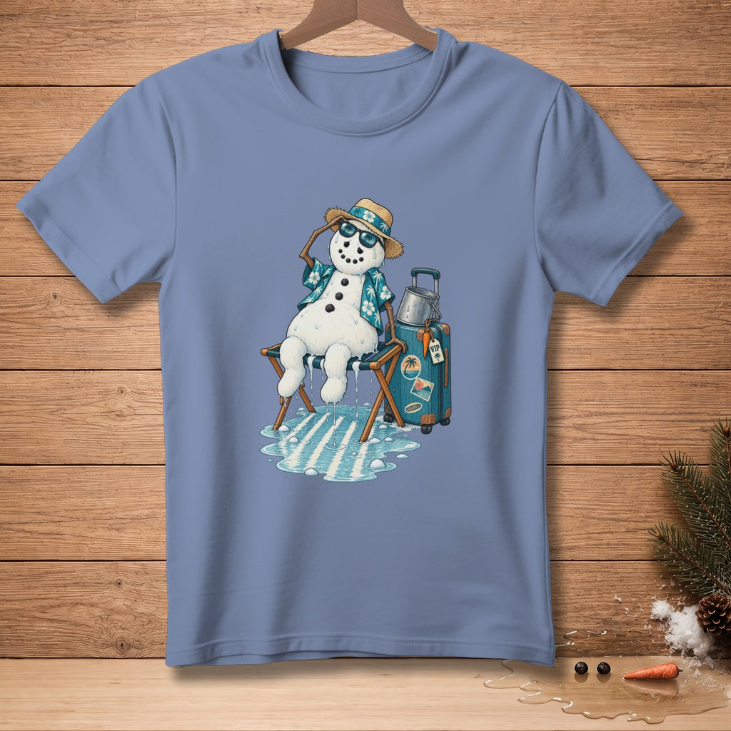 T-shirt with melting snowman in beach chair next to suitcase.