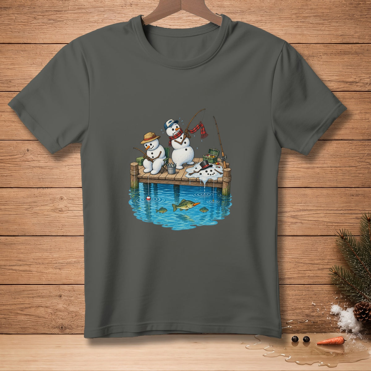 Two snowmen fishing on a pier with fish in the water.